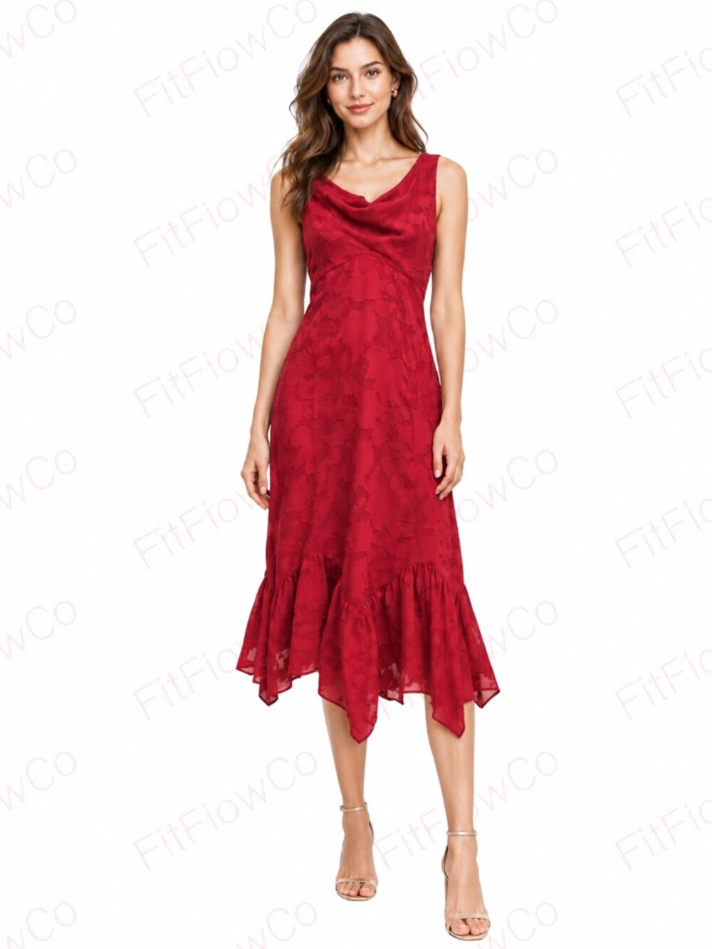 Taylor Red Floral Burnout Cowl Neck Handkerchief Midi Dress Size 4 NWT